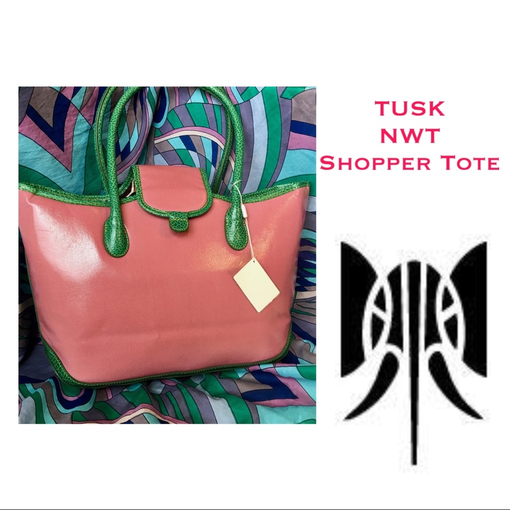 TUSK NWT Pink & Green Tropical Leather Shopper Tote
